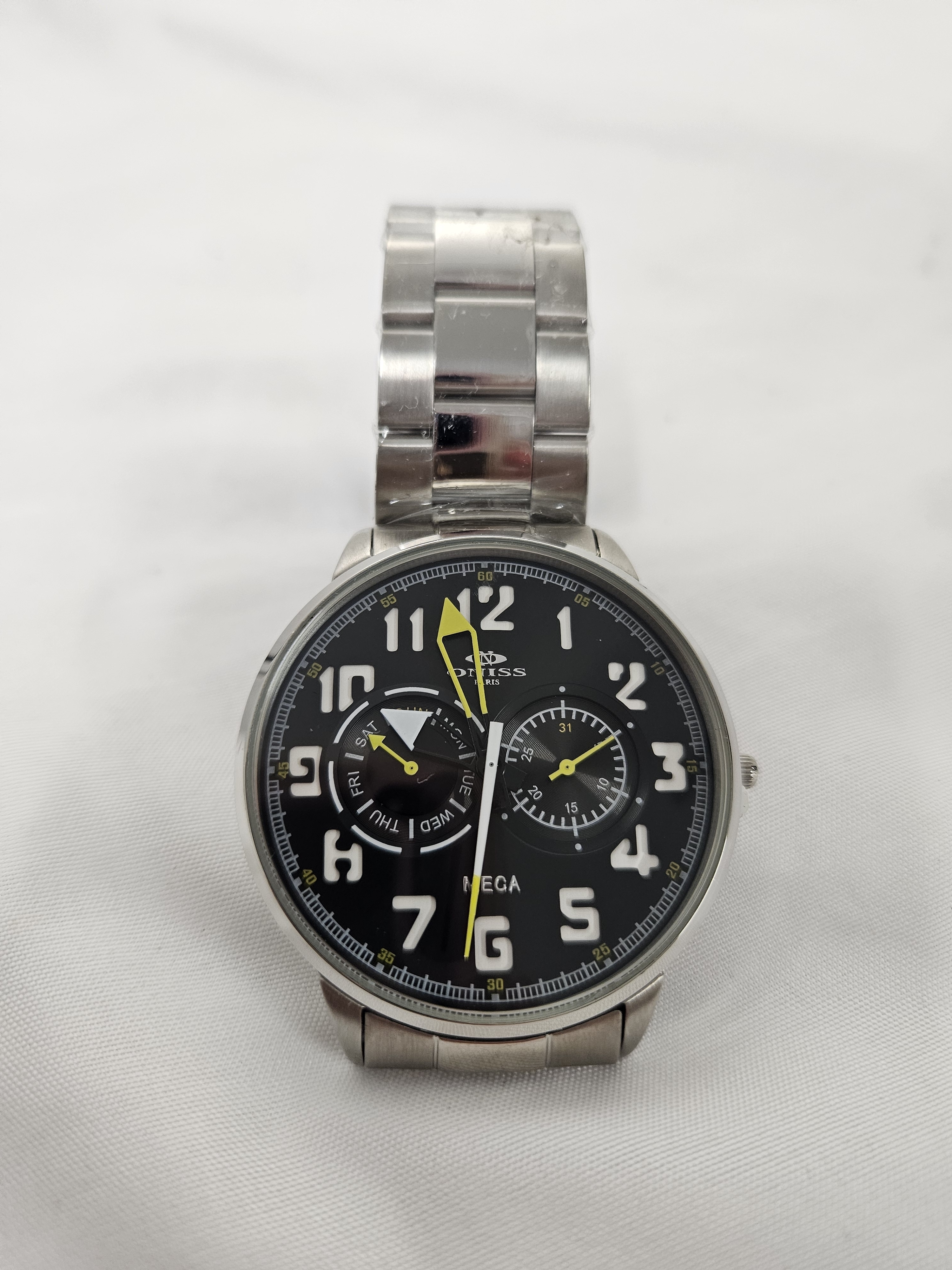Mens Stainless Steel Watch With Black Dial And Yellow Accents